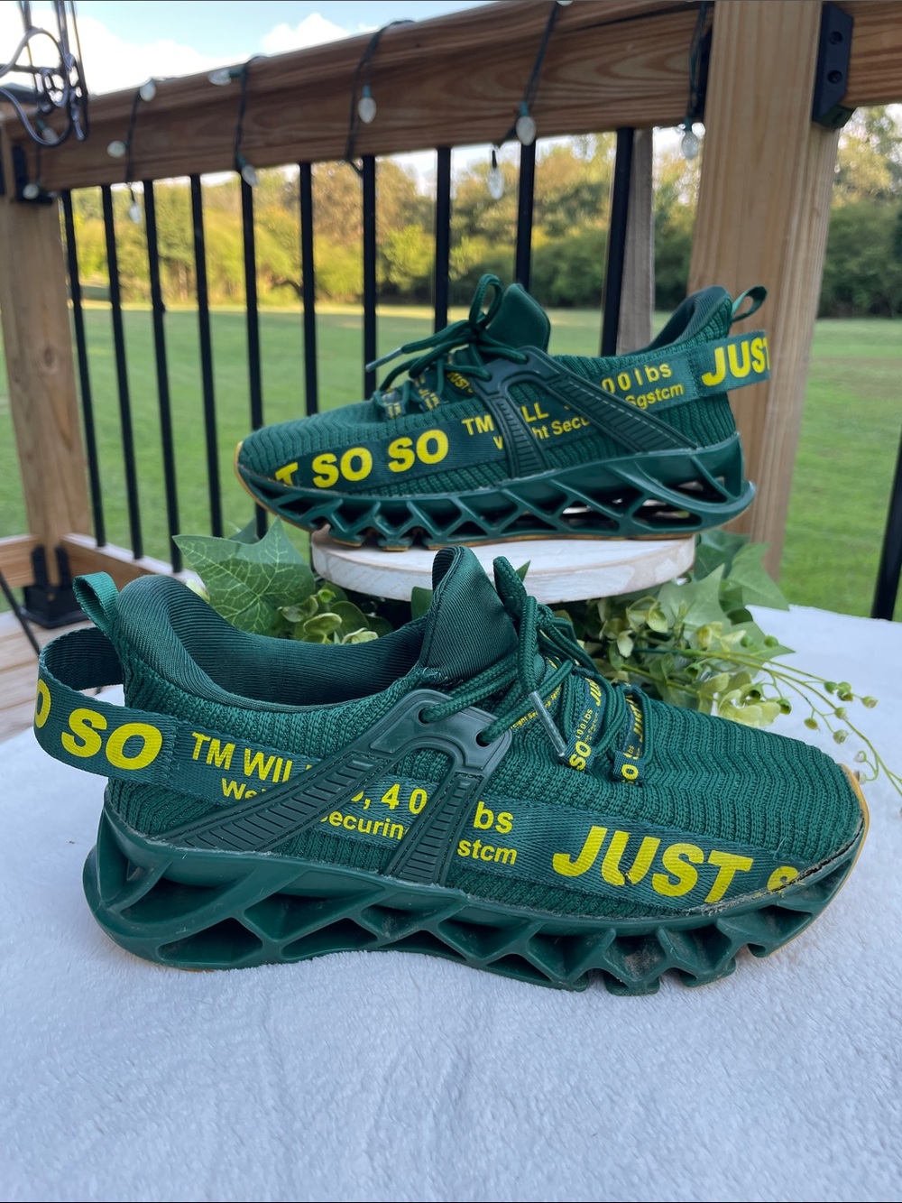 Green Athletic Sneakers with Yellow Text Accent